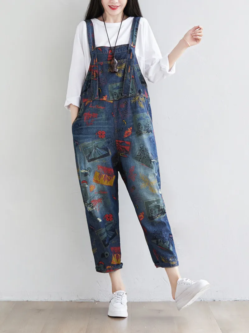 Women's Cute Artist Large Size Denim Overalls Jumpsuit